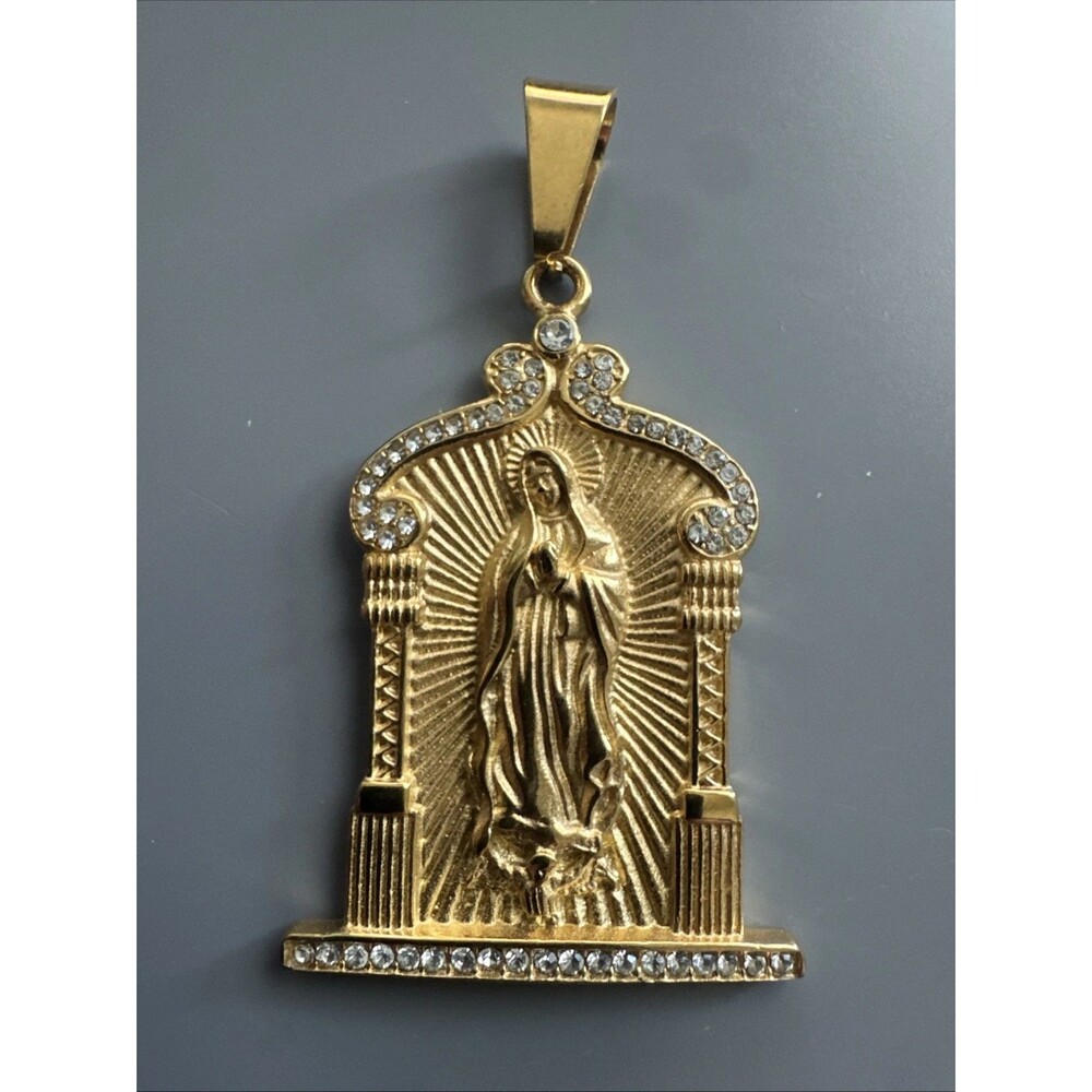 Gold Plated Virgin Mary Stainless Steel Pendant Jesus Christ Cubic Zirconia 24”